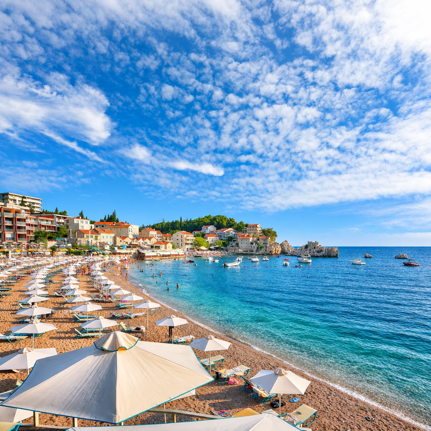 Plaža u Pržnu sa suncobranima, kupačima i malim čamcima