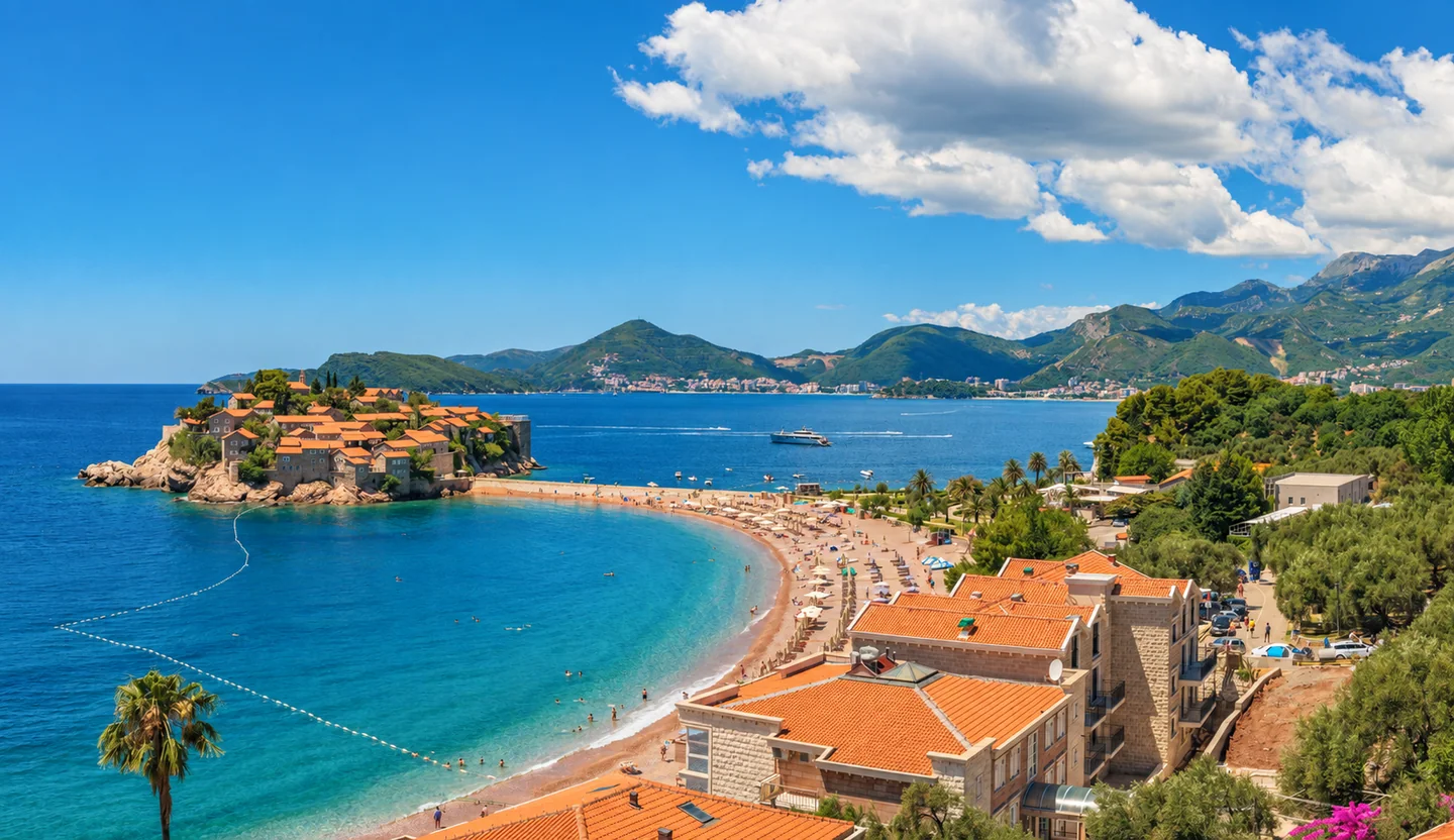 Sveti Stefan, plaža i plavo more ispod primorskih planina