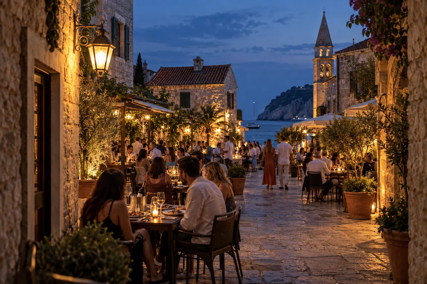Evening mood image inspired by Budva Old Town, with warmly lit lanes