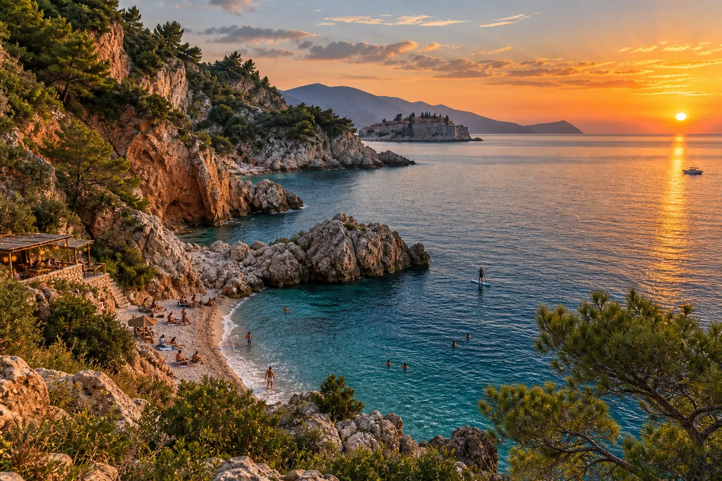 Ambijentalna slika inspirisana Crvenom Glavicom, sa šljunkovitom plažom u toplom večernjem svetlu
