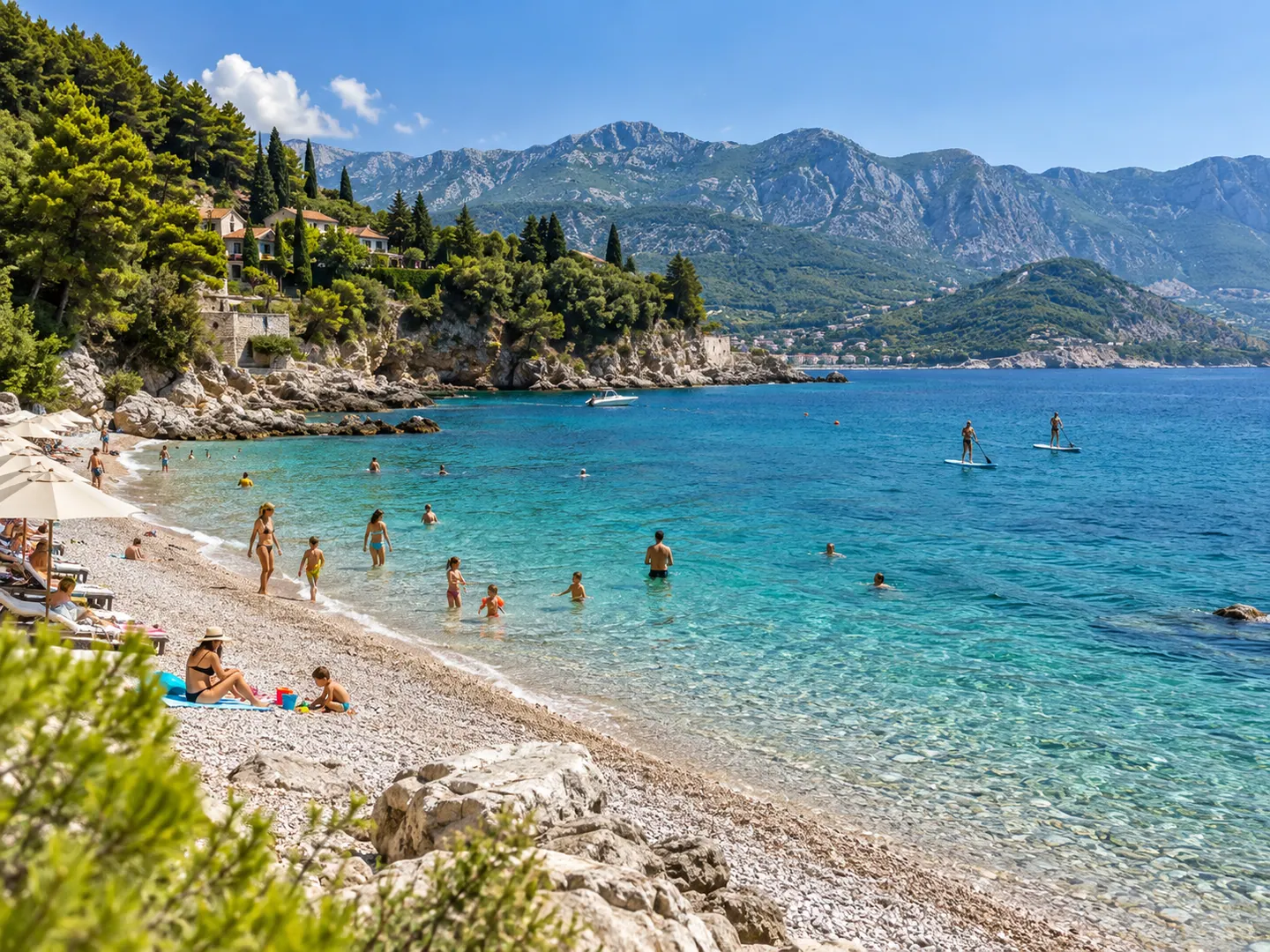 Scena plaže inspirisana Kamenovom, sa porodicom, plavim morem i zelenim planinama