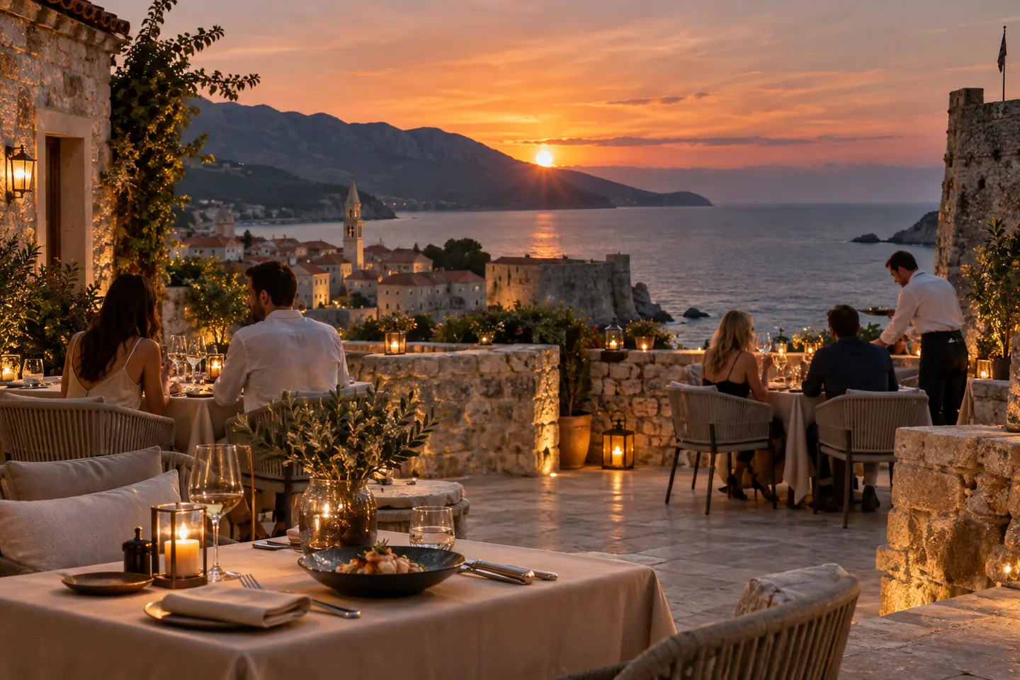 Mood image of an elegant dinner on a lantern-lit stone terrace by the Adriatic