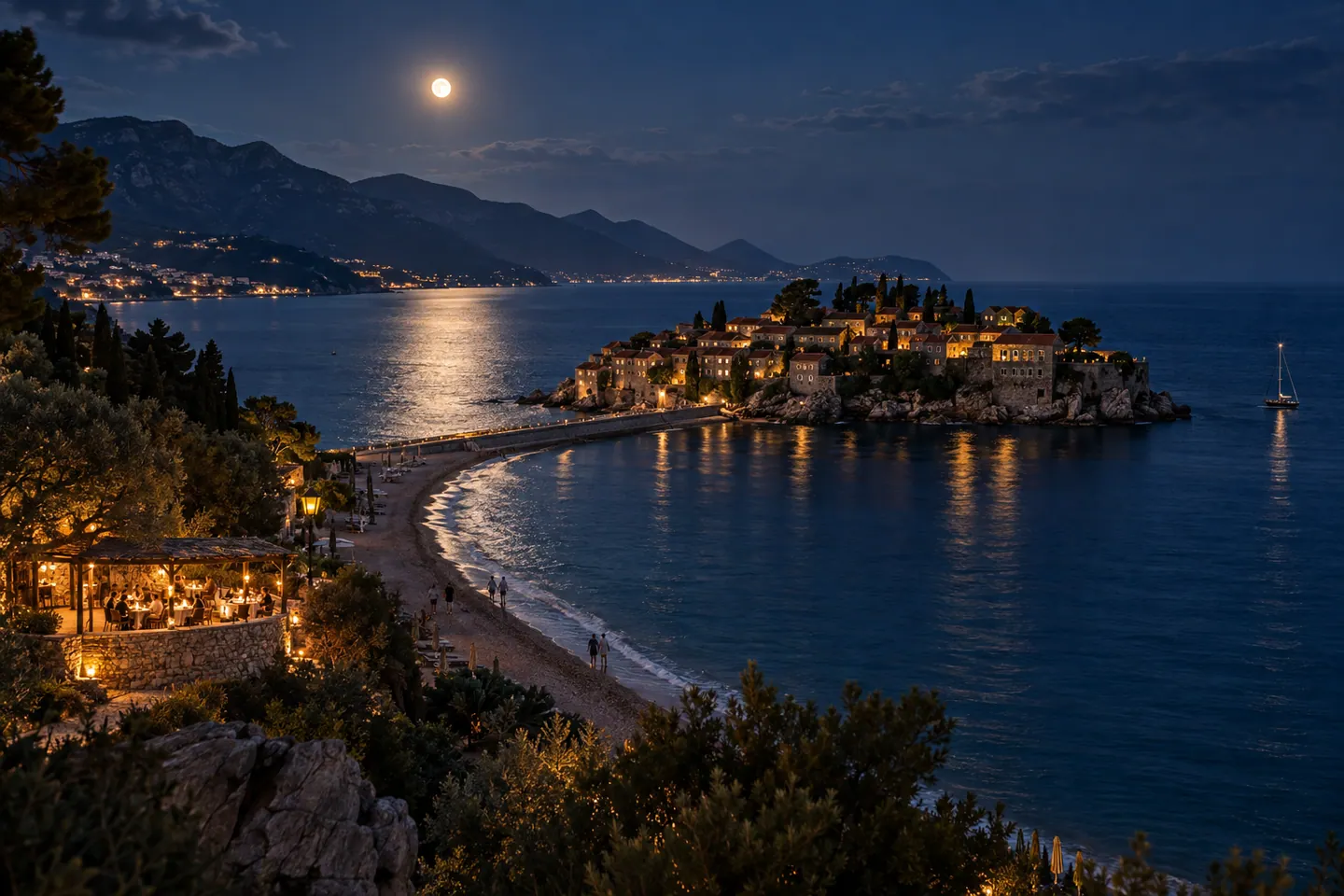 Night-time mood image inspired by Sveti Stefan, with warm lights along the Adriatic coast